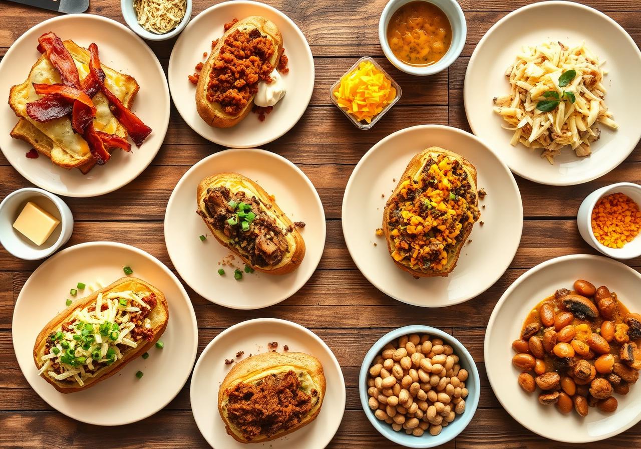 Selection of loaded jacket potatoes with toppings