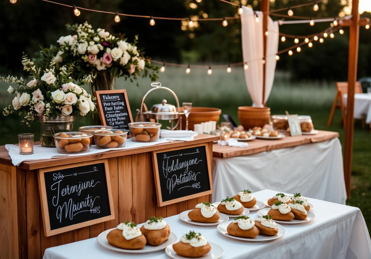Wedding catering setup with loaded jacket potato bar