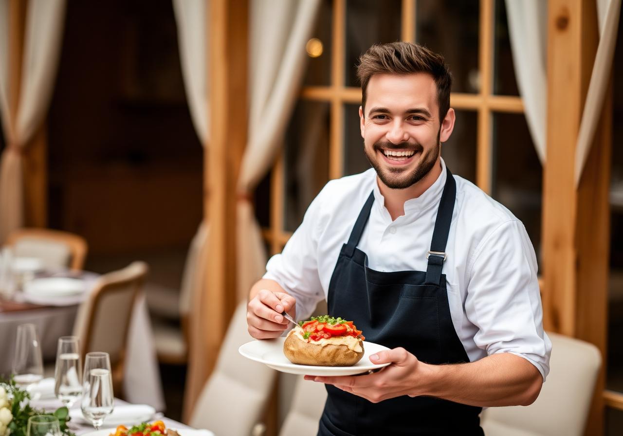 Chef plating a jacket potato